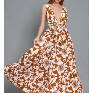 Aakaa Floral Maxi Dress Women Sz S Reddish Brown & White Summer
